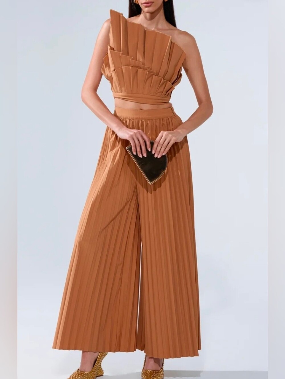 AKIRA Pleated One-Shoulder Crop Top & Wide-Leg Pants - Tan